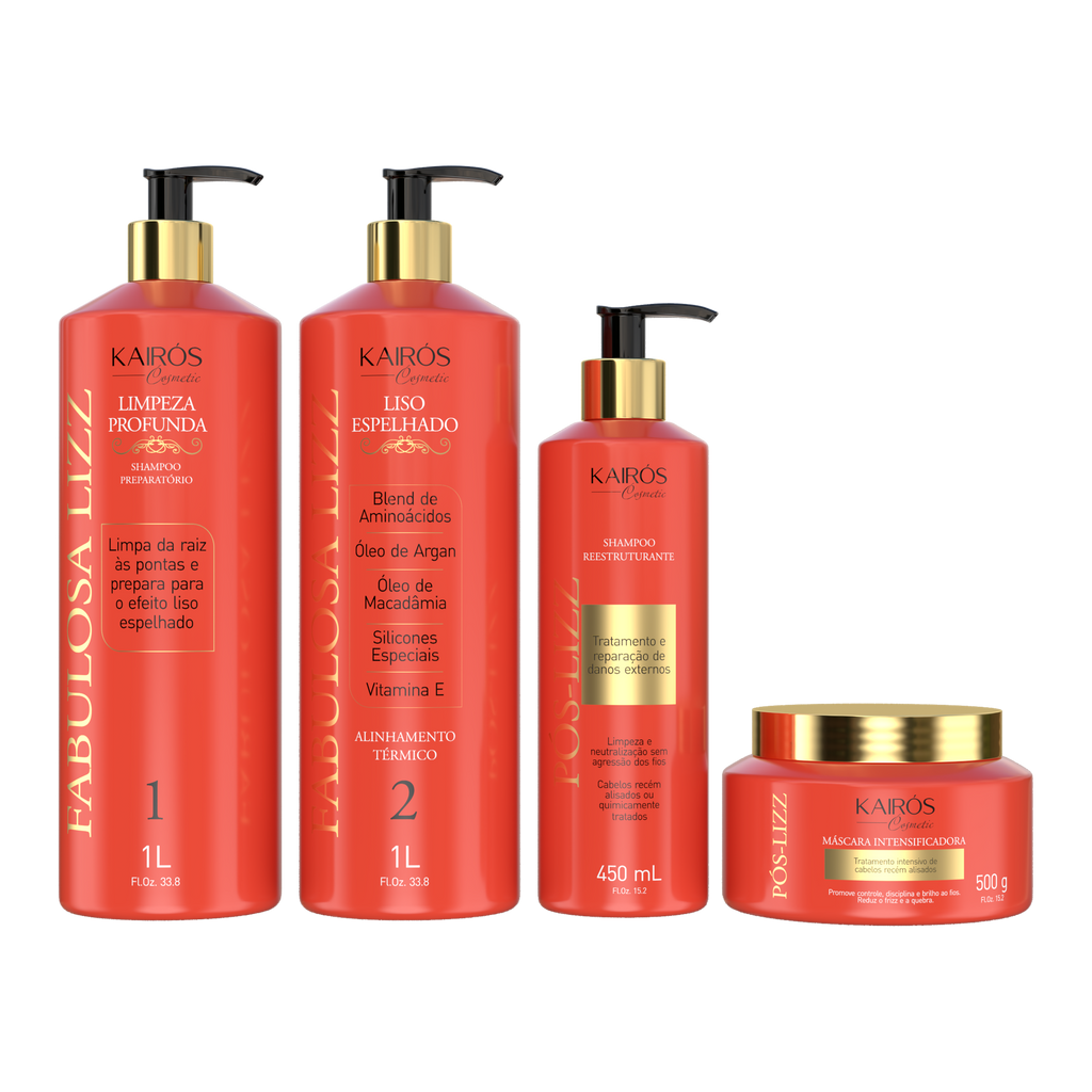Kit Essencial Liso Espelhado Fabulosa Lizz - shampoo, ativo, pós-lizz e máscara